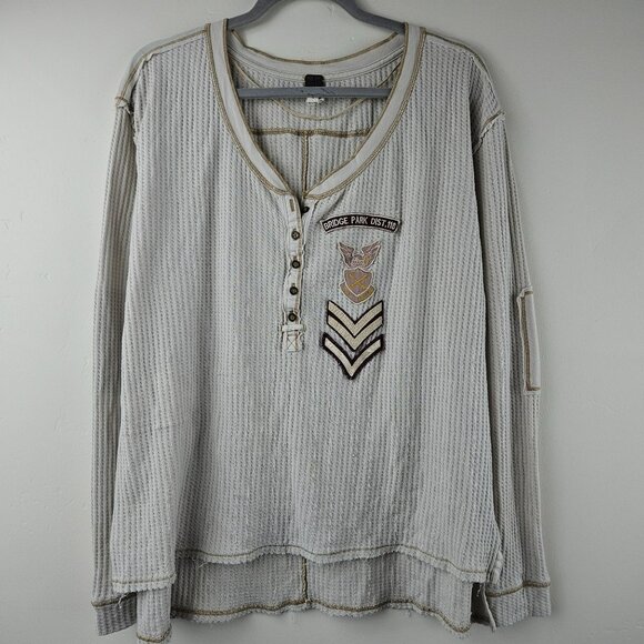 WE THE FREE Waffle Knit Henley Shirt Bridge Park Womens L Oatmeal Long Top - Picture 1 of 13